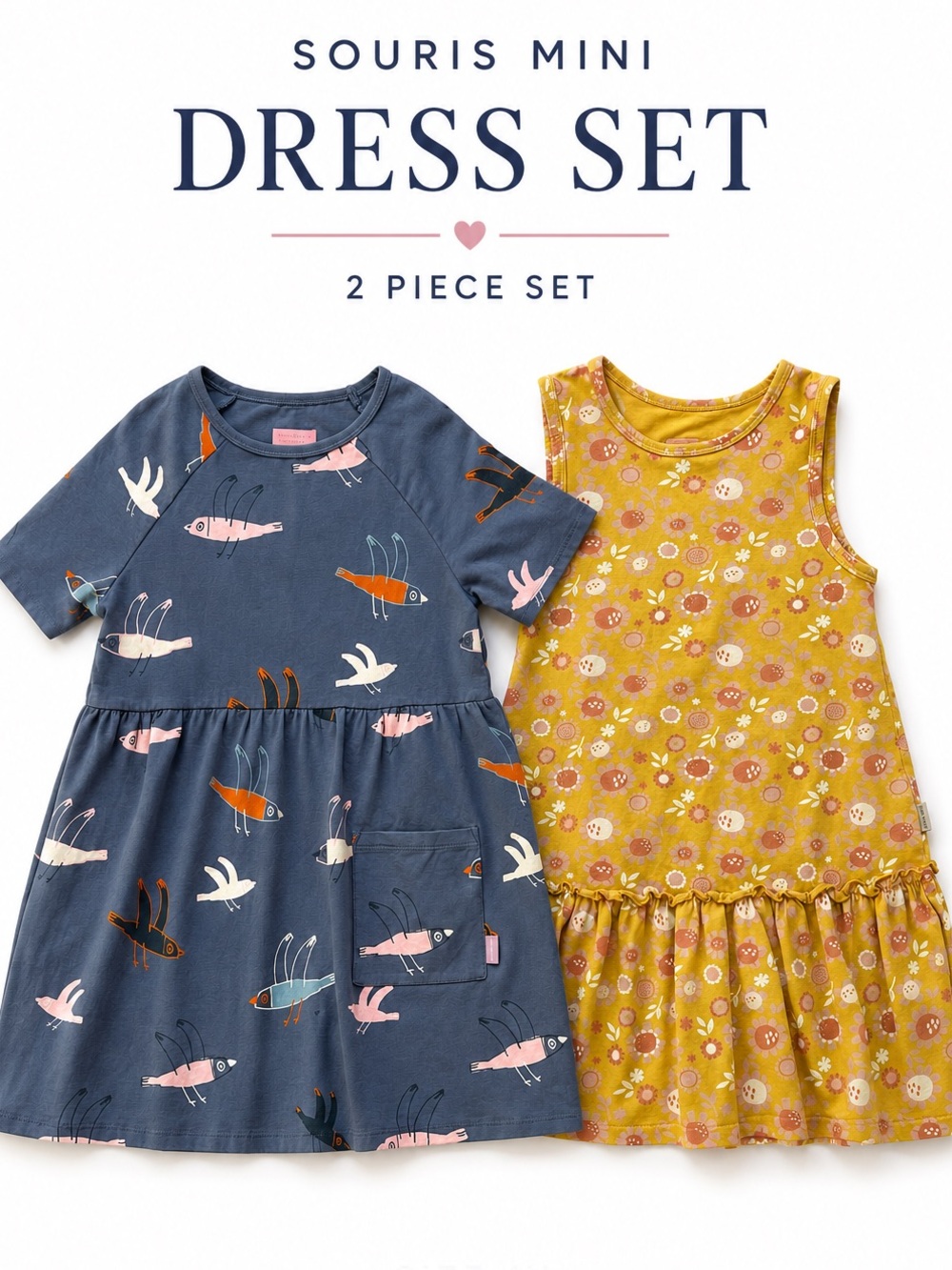 Souris Mini Girls Dress Set Size 6Y | Bird Print Dress & Floral Ruffle Dress